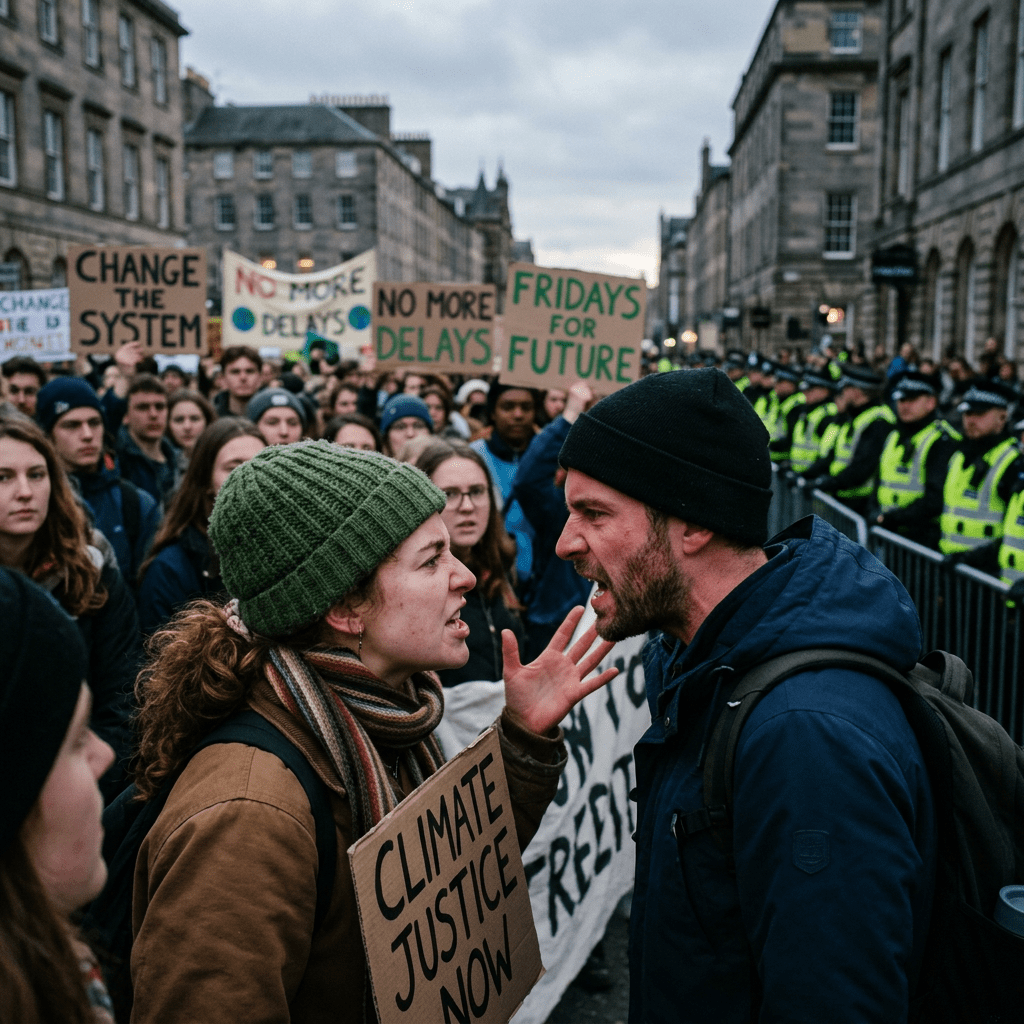 Two protesters argue intensely during a climate justice demonstration with signs and police officers in the background.