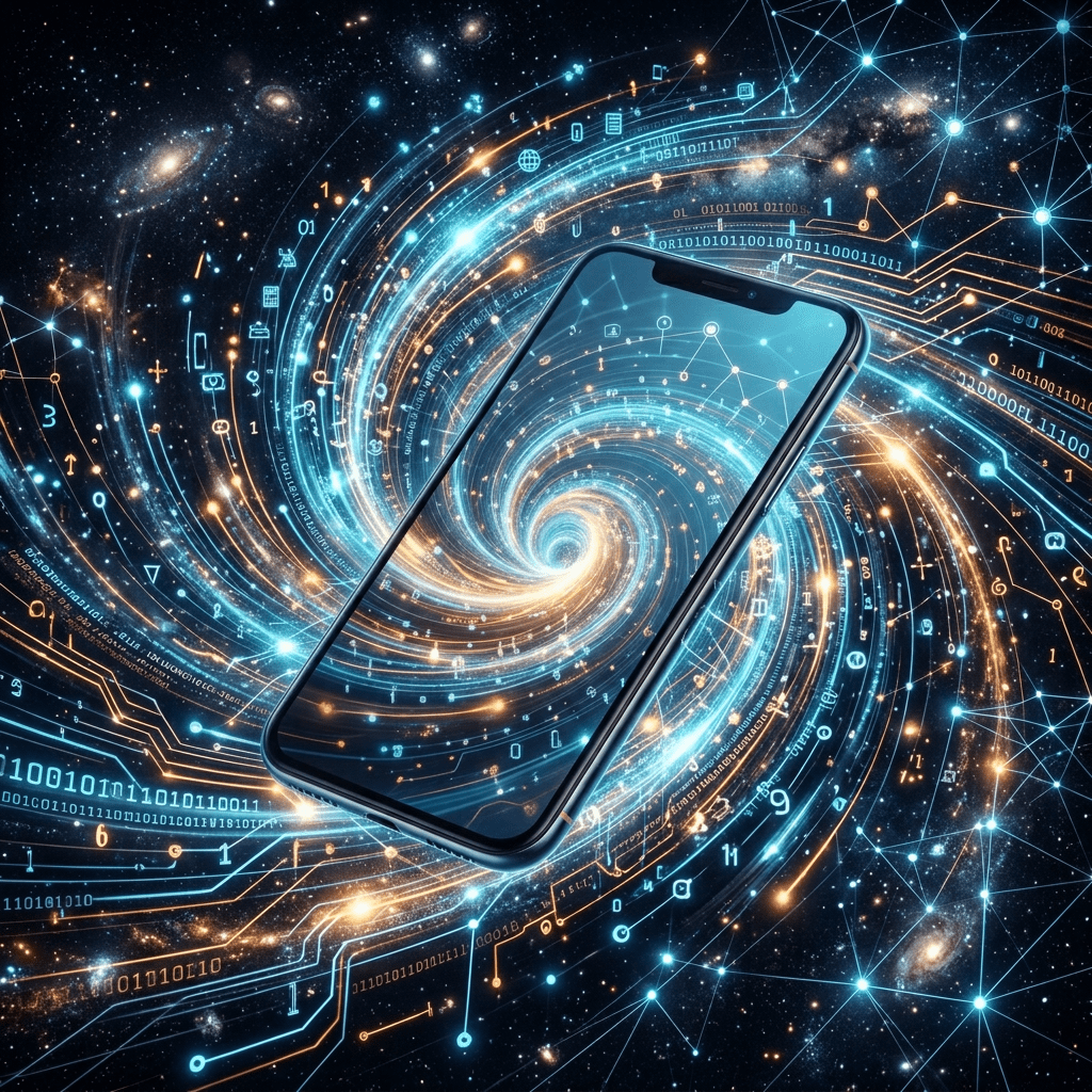 Spiral of glowing blue and orange data lines intertwined with galaxy stars and binary code