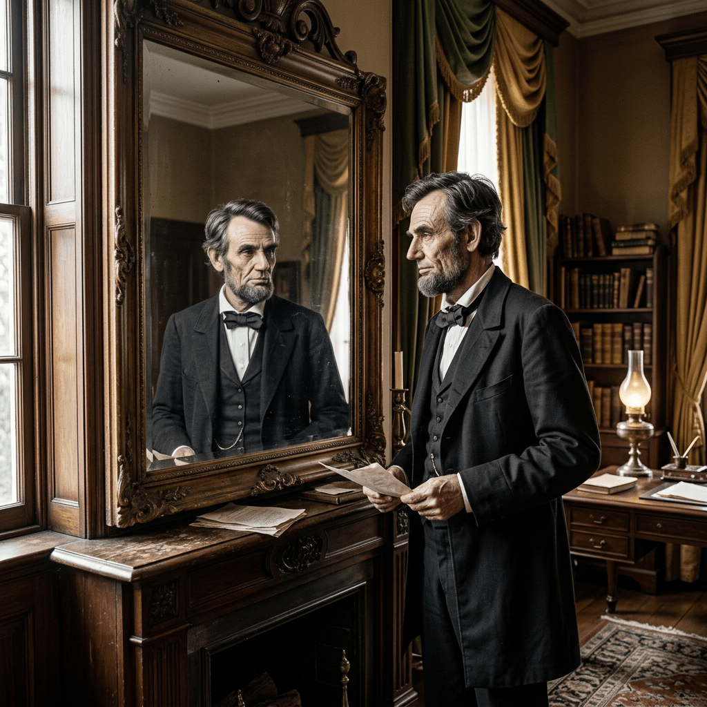 Man in 19th-century attire dressed as Abraham Lincoln reading a letter in front of a large ornate mirror